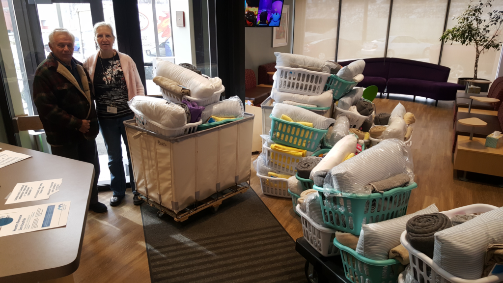 Baskets filled with items needed at the Battered Women's Shelter