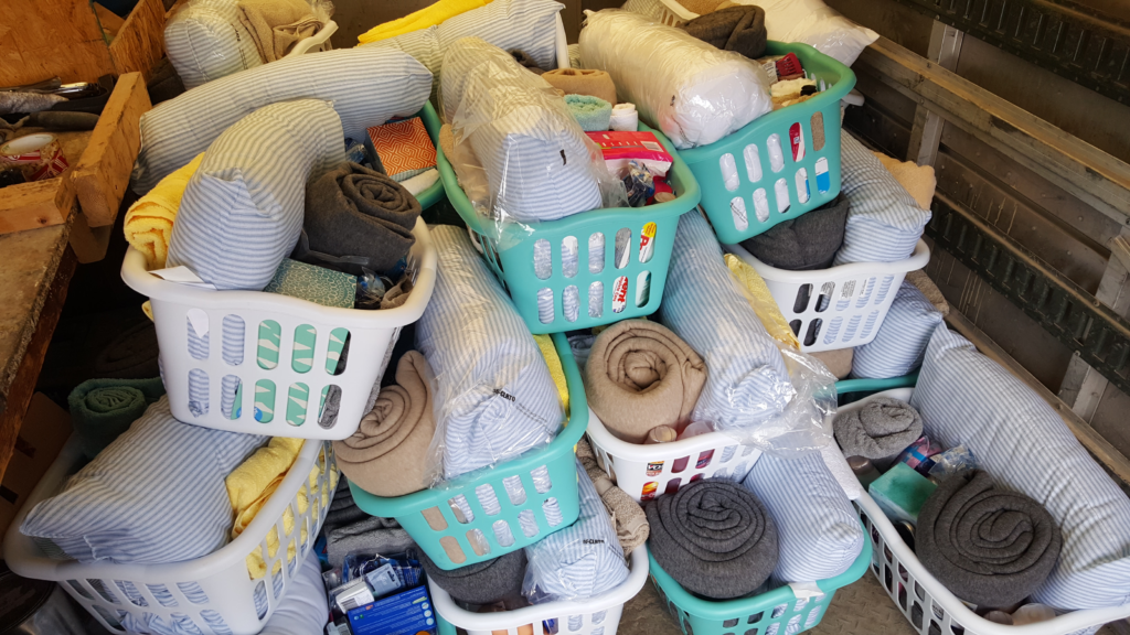 Baskets filled with items needed at the Battered Women's Shelter